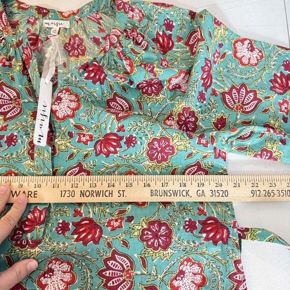 Maisie Tie Waist Midi Dress in Ethnic Floral Sz L Green Pink Boho Beachy Cotton - Picture 15 of 16